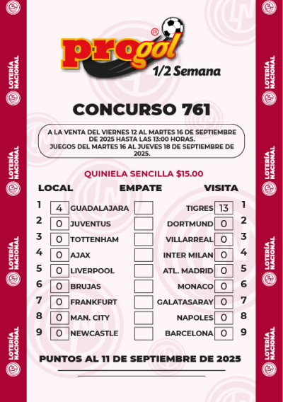 Partidos Progol Media Semana 761 Quiniela Ganadora
