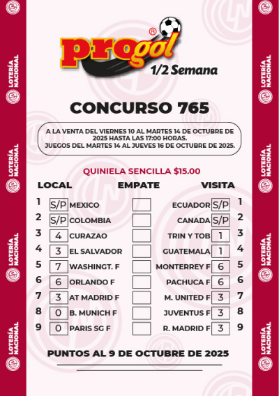 Partidos Progol Media Semana 765 Quiniela Ganadora
