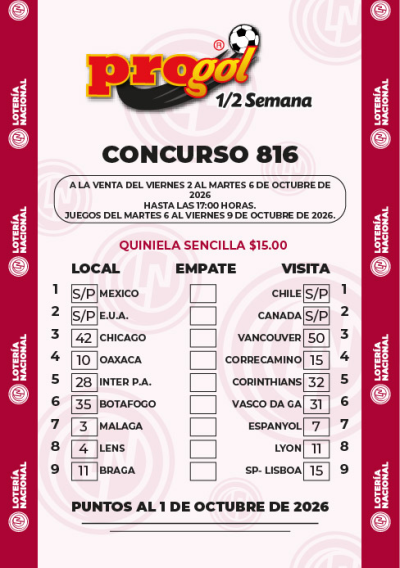 Partidos Progol Media Semana 816 Quiniela Ganadora