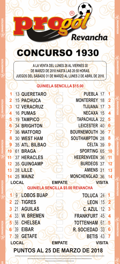 Partidos Progol 1930 Quiniela Ganadora
