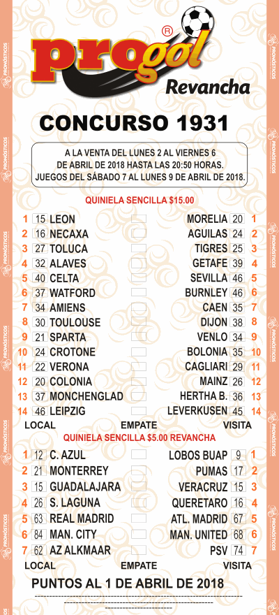 Partidos Progol 1931 Quiniela Ganadora