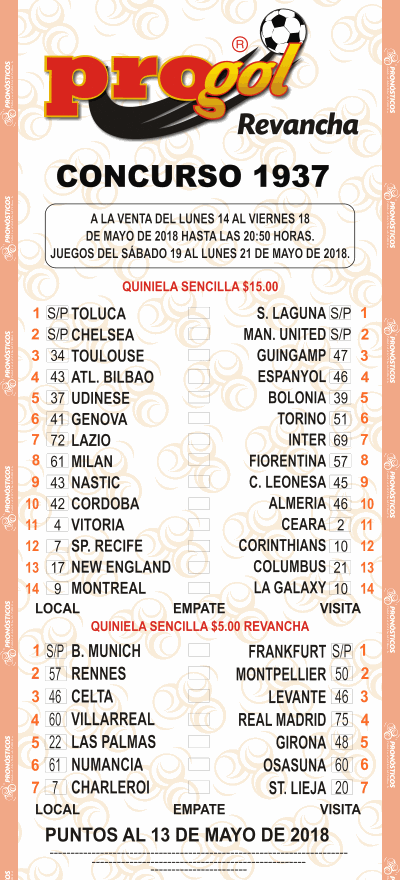 Partidos Progol 1937 Quiniela Ganadora