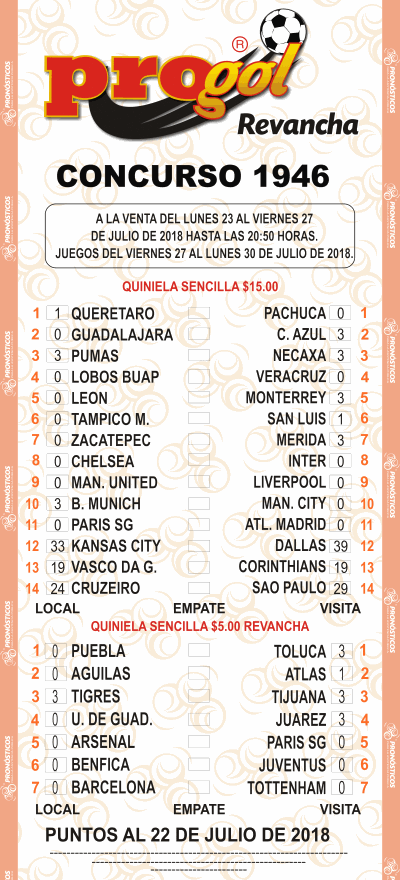 Partidos Progol 1946 Quiniela Ganadora