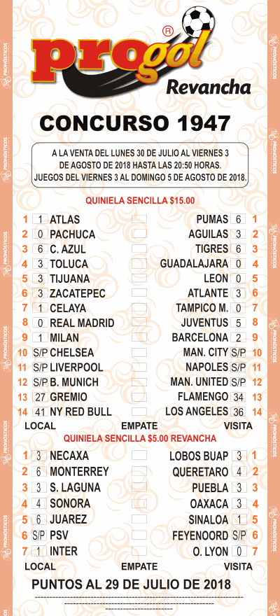 Partidos Progol 1947 Quiniela Ganadora