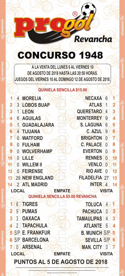 Partidos Progol 1948 Quiniela Ganadora