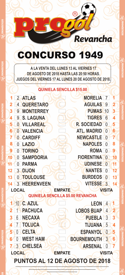 Partidos Progol 1949 Quiniela Ganadora
