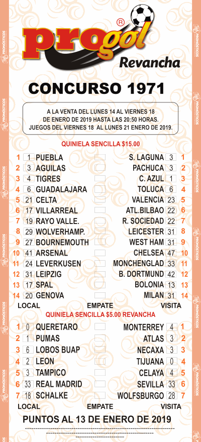 Partidos Progol 1971 Quiniela Ganadora