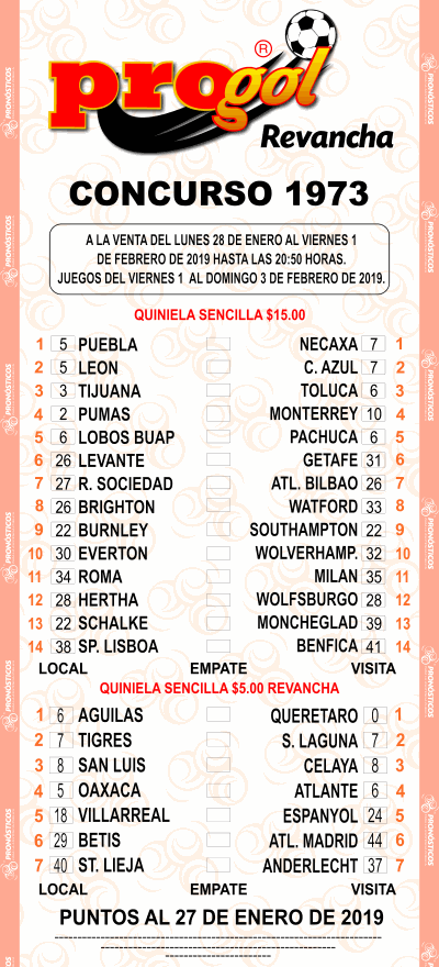 Partidos Progol 1973 Quiniela Ganadora