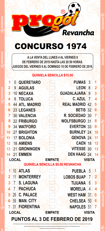 Partidos Progol 1974 Quiniela Ganadora