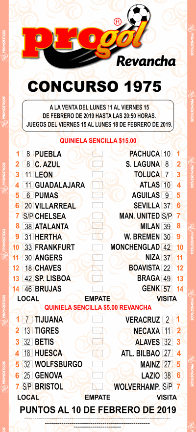 Partidos Progol 1975 Quiniela Ganadora