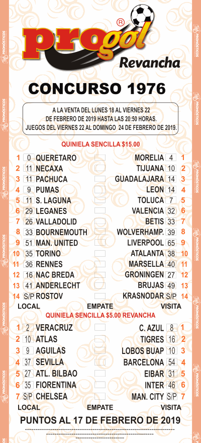 Partidos Progol 1976 Quiniela Ganadora