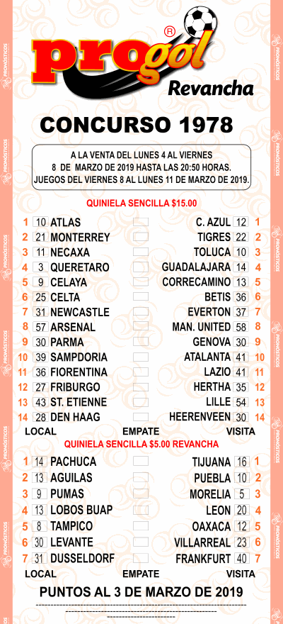 Partidos Progol 1978 Quiniela Ganadora