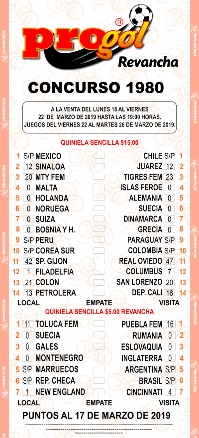 Partidos Progol 1980 Quiniela Ganadora