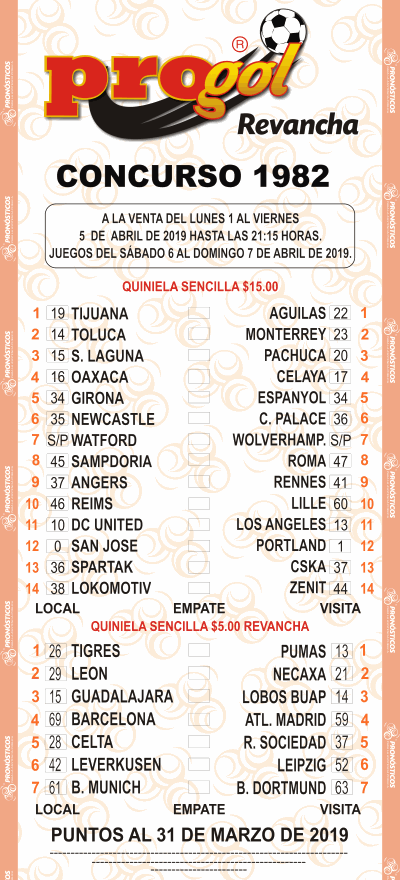 Partidos Progol 1982 Quiniela Ganadora