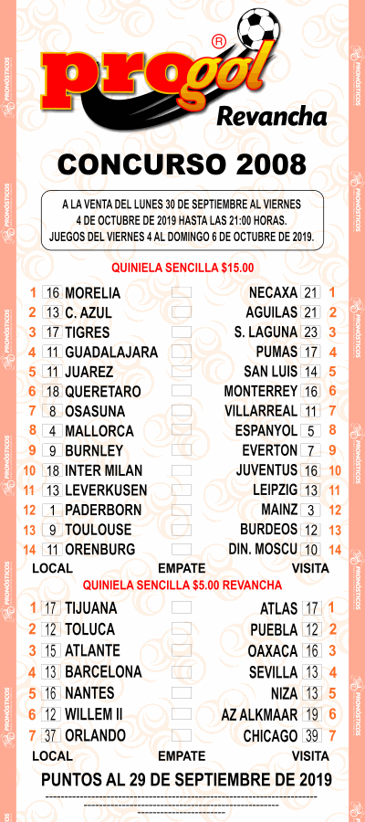 Partidos Progol 2008 Quiniela Ganadora