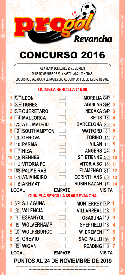 Partidos Progol 2016 Quiniela Ganadora