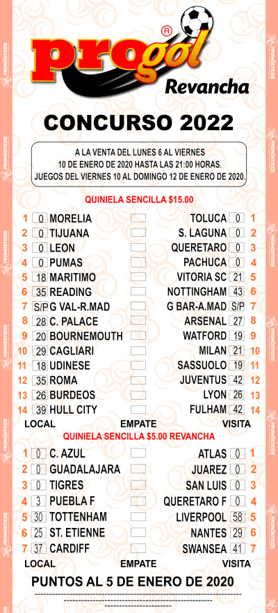 Partidos Progol 2022 Quiniela Ganadora