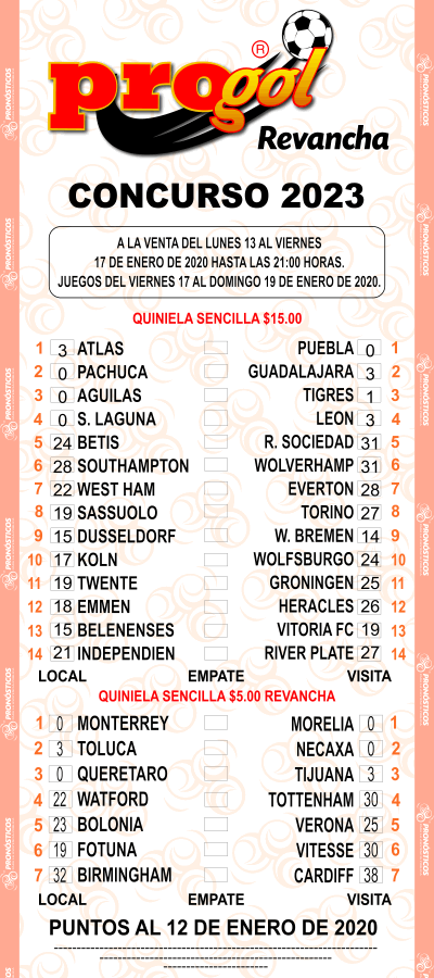 Partidos Progol 2023 Quiniela Ganadora
