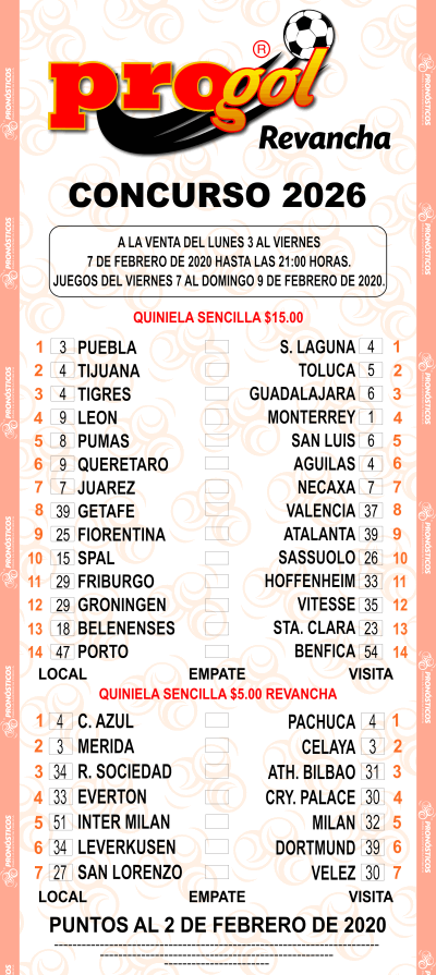 Partidos Progol 2026 Quiniela Ganadora