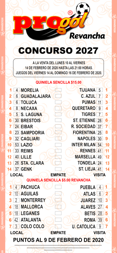 Partidos Progol 2027 Quiniela Ganadora