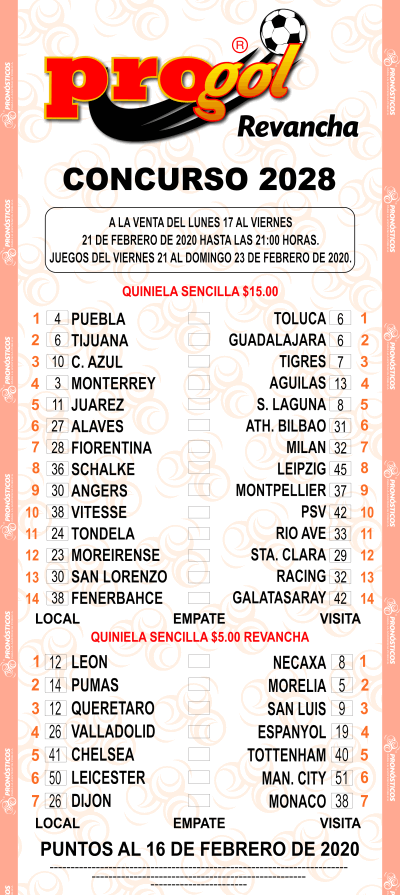 Partidos Progol 2028 Quiniela Ganadora