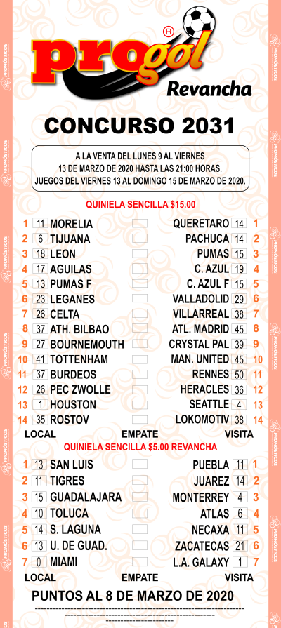 Partidos Progol 2031 Quiniela Ganadora