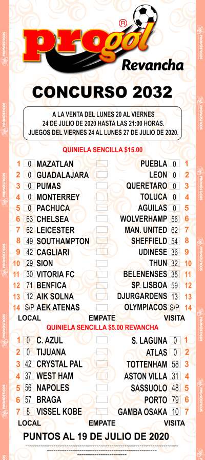 Partidos Progol 2032 Quiniela Ganadora