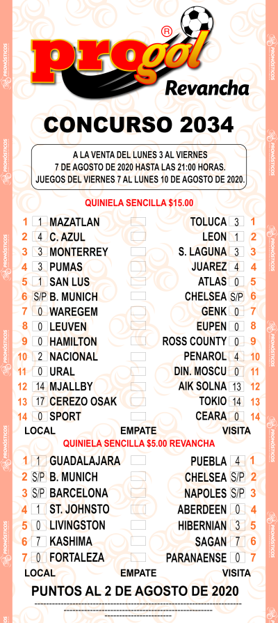 Partidos Progol 2034 Quiniela Ganadora