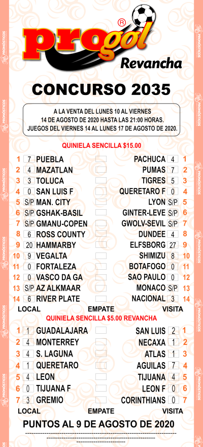 Partidos Progol 2035 Quiniela Ganadora