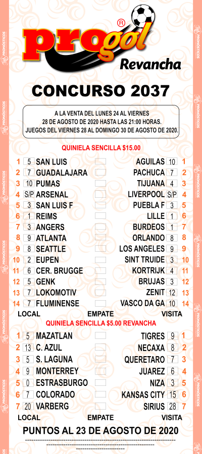 Partidos Progol 2037 Quiniela Ganadora