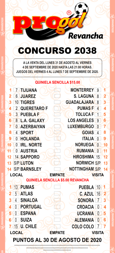 Partidos Progol 2038 Quiniela Ganadora