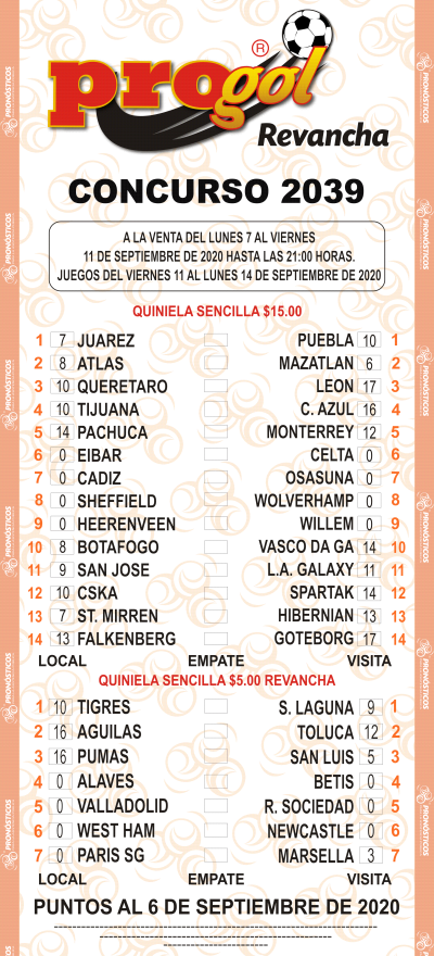 Partidos Progol 2039 Quiniela Ganadora