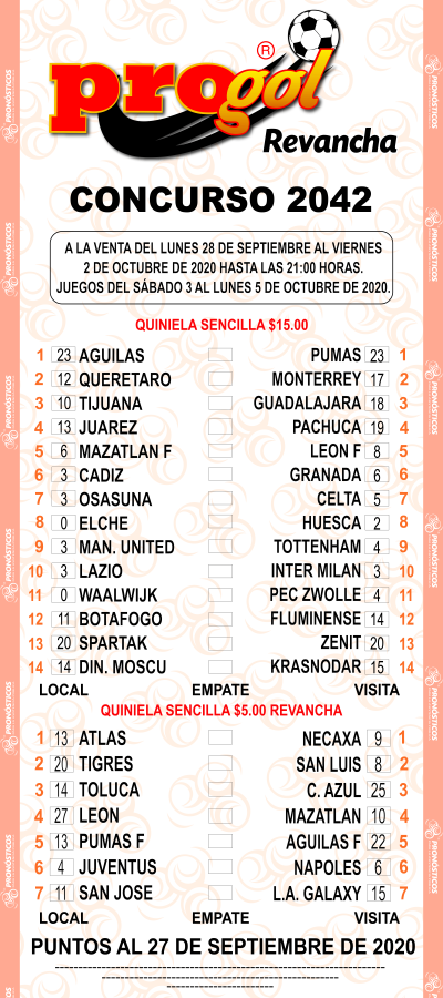 Partidos Progol 2042 Quiniela Ganadora