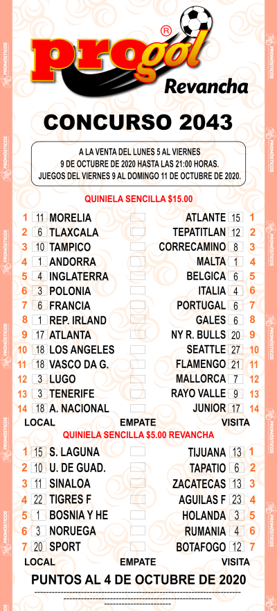 Partidos Progol 2043 Quiniela Ganadora
