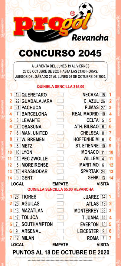 Partidos Progol 2045 Quiniela Ganadora