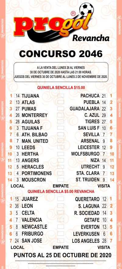 Partidos Progol 2046 Quiniela Ganadora