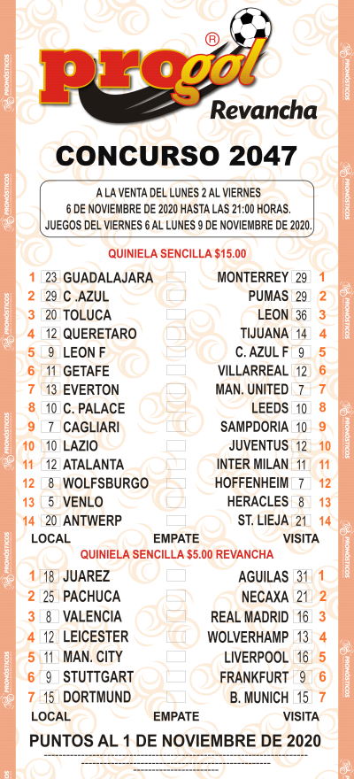 Partidos Progol 2047 Quiniela Ganadora