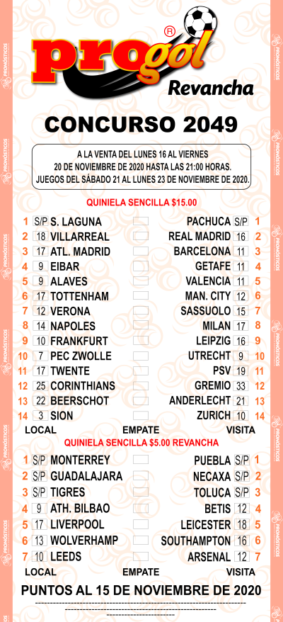 Partidos Progol 2049 Quiniela Ganadora