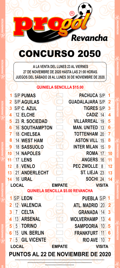 Partidos Progol 2050 Quiniela Ganadora