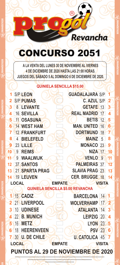 Partidos Progol 2051 Quiniela Ganadora