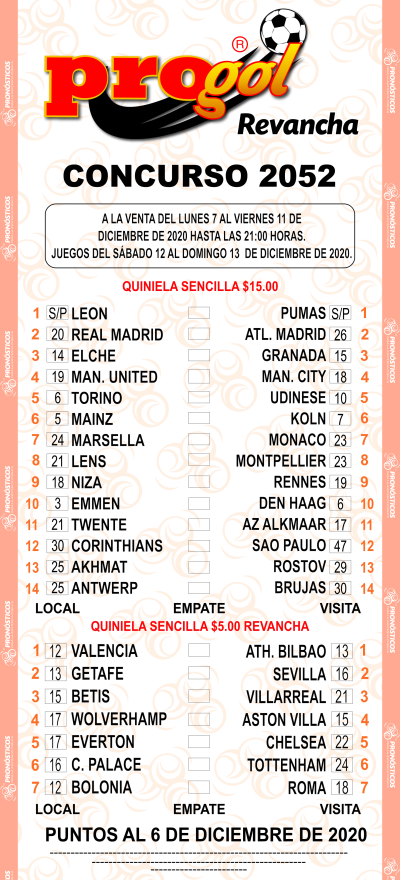 Partidos Progol 2052 Quiniela Ganadora