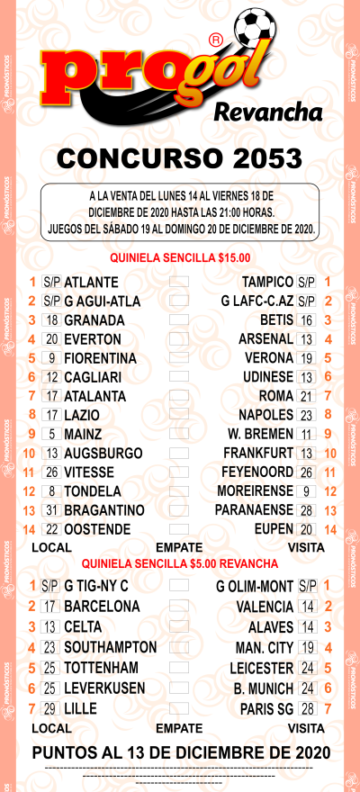 Partidos Progol 2053 Quiniela Ganadora