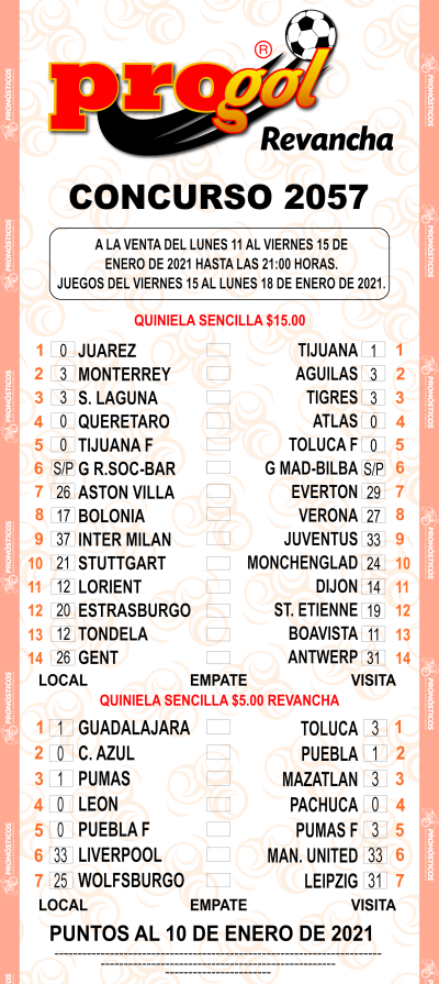 Partidos Progol 2057 Quiniela Ganadora