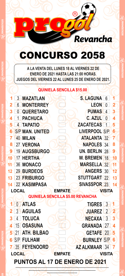 Partidos Progol 2058 Quiniela Ganadora