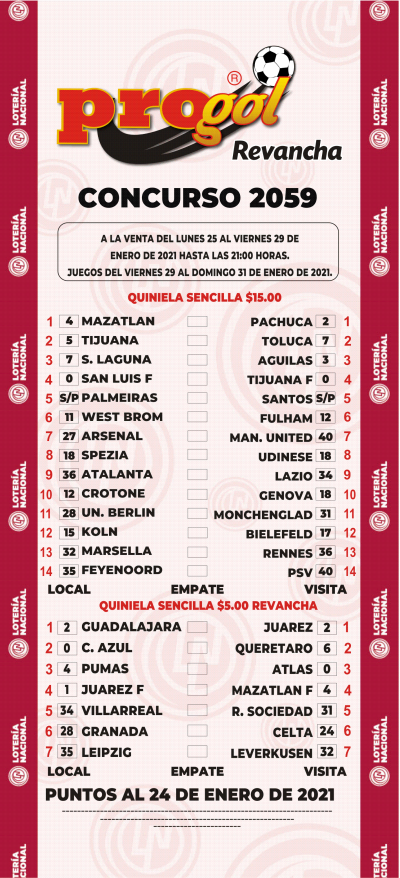 Partidos Progol 2059 Quiniela Ganadora