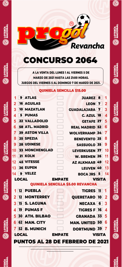 Partidos Progol 2064 Quiniela Ganadora