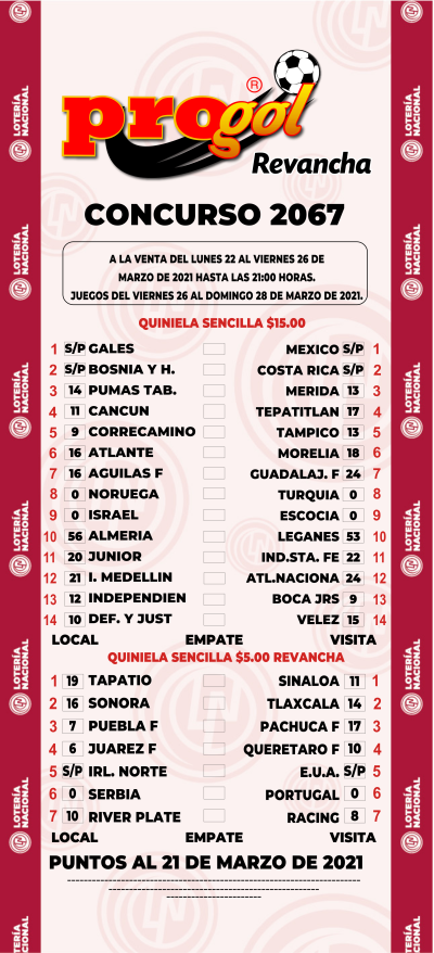 Partidos Progol 2067 Quiniela Ganadora