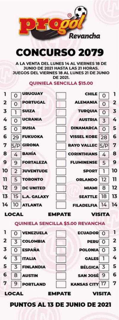 Partidos Progol 2079 Quiniela Ganadora