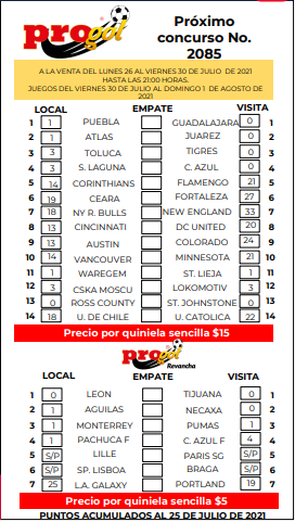 Partidos Progol 2085 Quiniela Ganadora