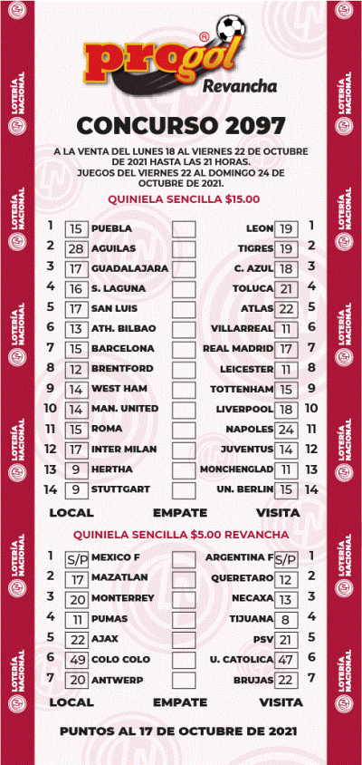 Partidos Progol 2097 Quiniela Ganadora